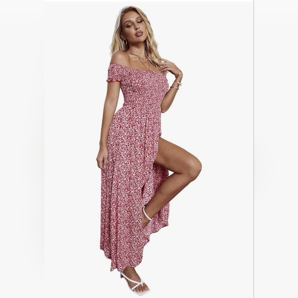 Floral Off-Shoulder Red Dress - Picture 2 of 3